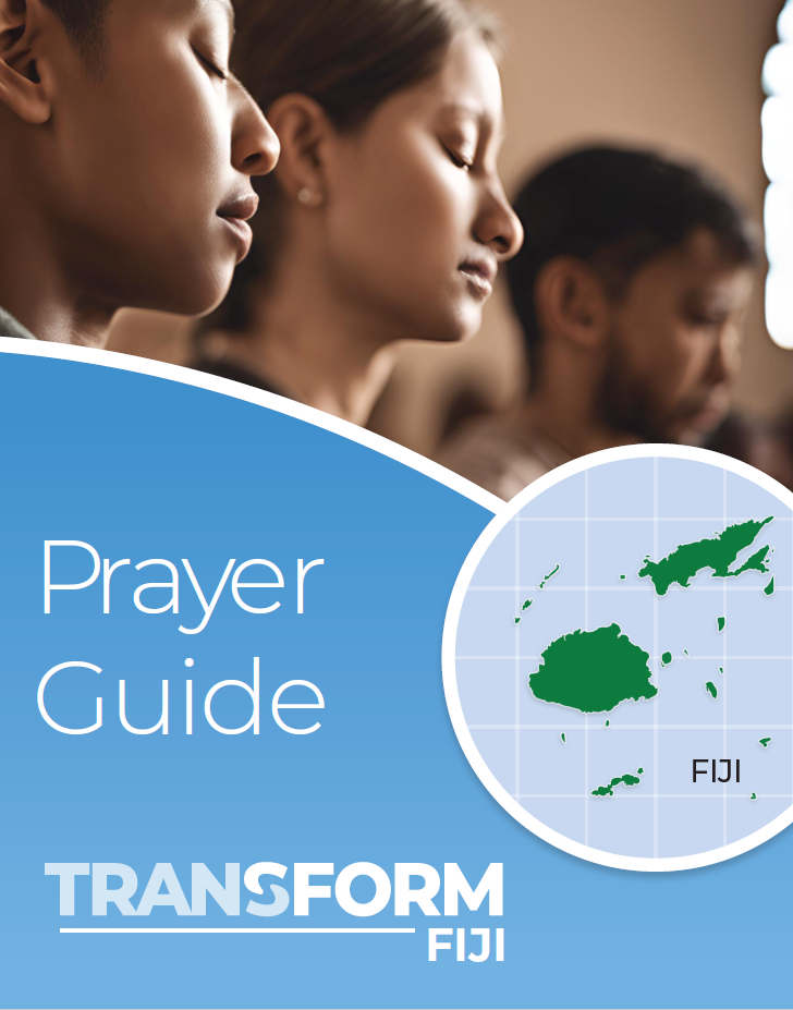 The cover of the DNI Prayer Guide, Transform Fiji edition, showing people praying with eyes closed above a map of Fiji.